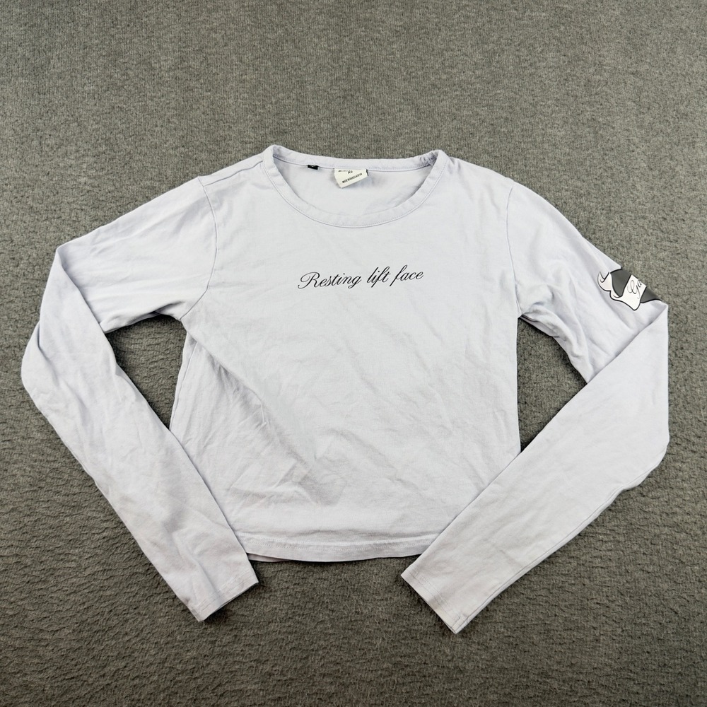 Gymshark Long Sleeve Tee Womens XS Lavender Resting Lift Face Graphic Cropped